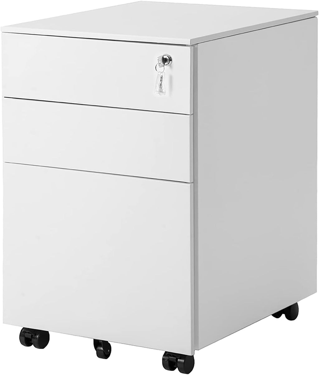White Metal 3 Drawer Rolling File Cabinet with Lock O1286