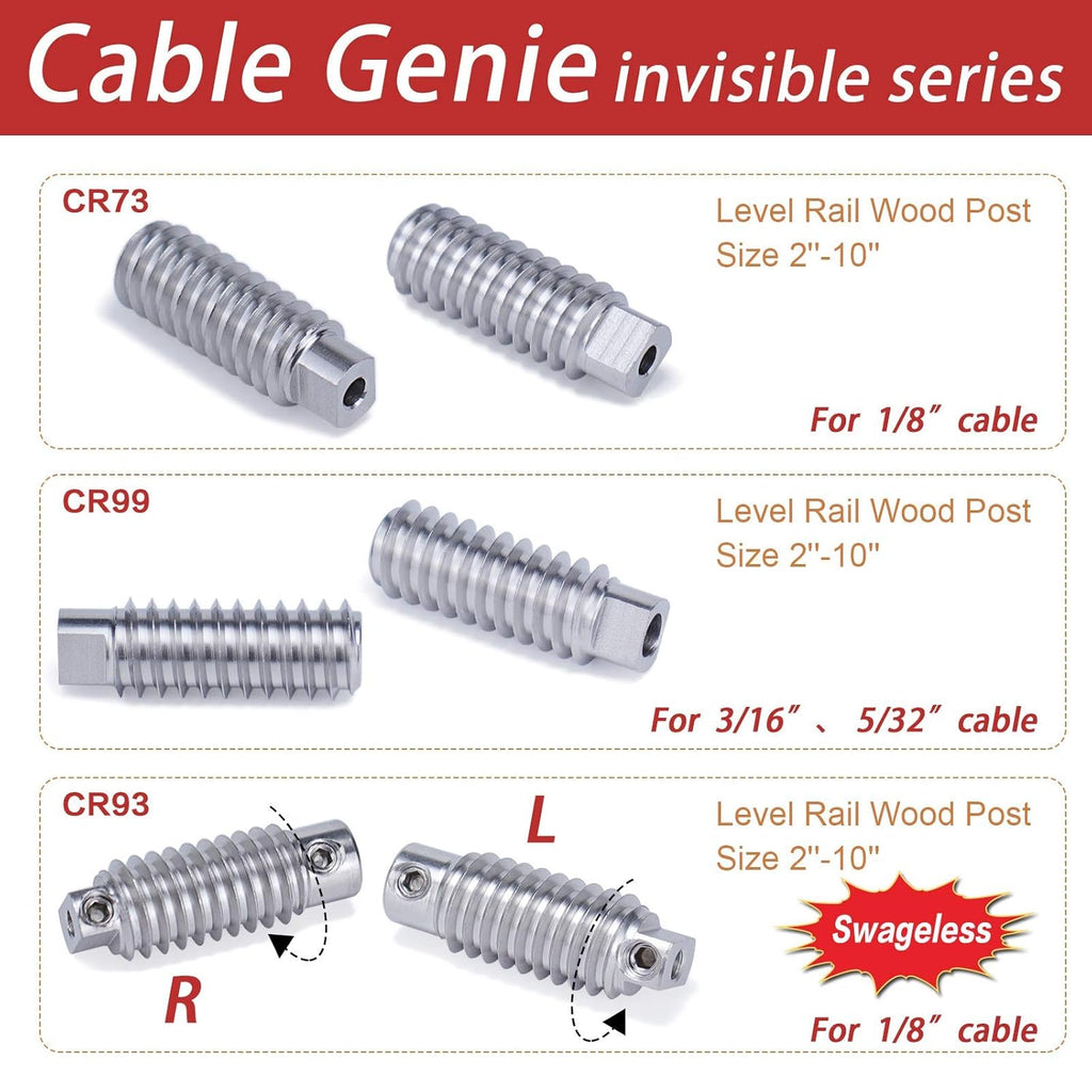 20Pack 3/16 Invisible Cable Railing Kit Swage Lag Screw Tensioner T316 Stainless Steel 10 Cable Line C1640