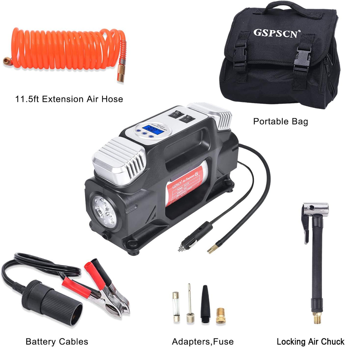 Portable Air Compressor Pump, Dual Cylinders Tire Inflator 12V, 150PSI with Digital Gauge, LED Light, Locking Air Chuck, Pack of 2 L967779