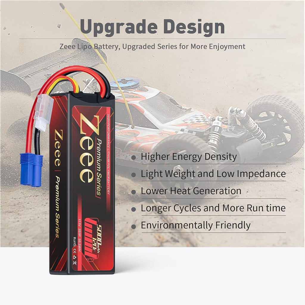 3S Lipo Battery 5000mAh 11.1V LCG Hard Case Height 25mm 120C EC5 Connector 2 Pack M75890