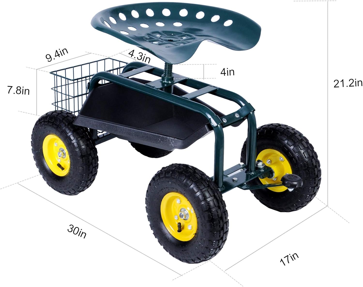 Green Steerable Garden Stool Cart with Tool Tray and Storage Basket on Wheels Y2011