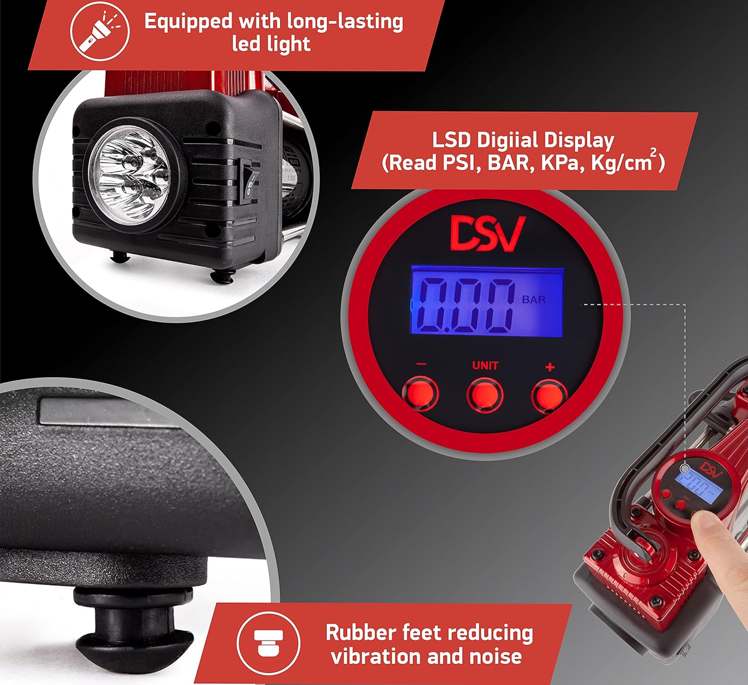 Portable Heavy Duty Double Cylinder Car Air Compressor Digital Tire Inflator, 12V 150PSI Air Pump with Auto Shut Off, LED Light, Extension Hose J260