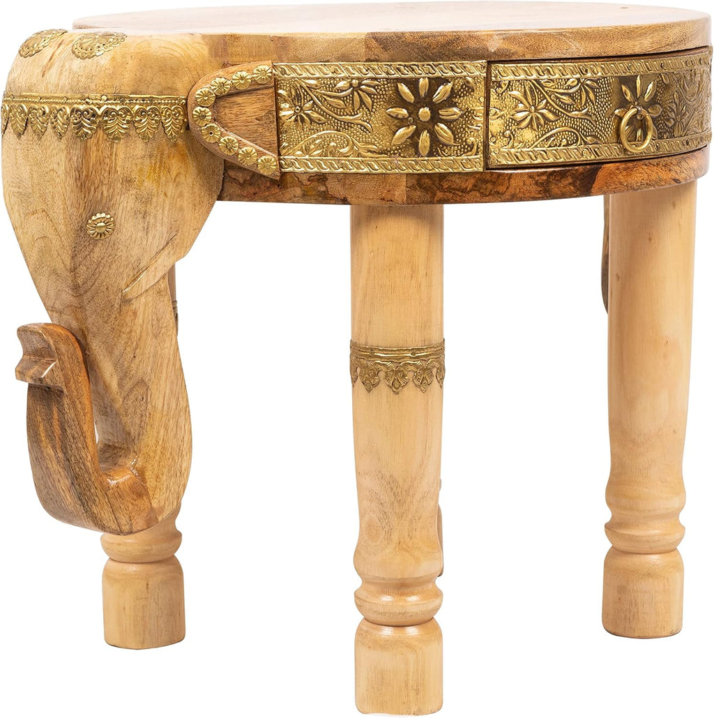 Hand Carved Wooden Elephant Side Table with Brass Accents H3906