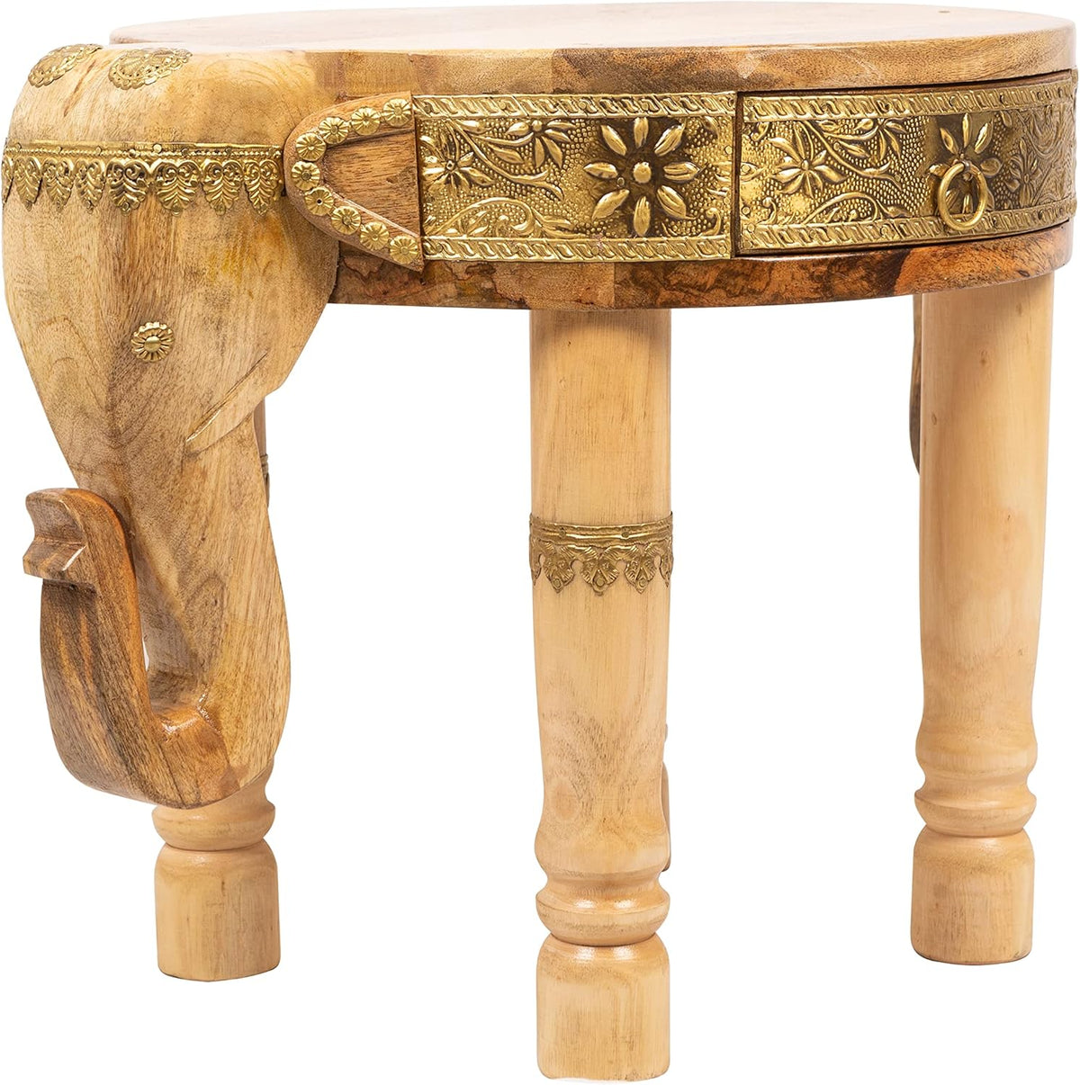 Hand Carved Wooden Elephant Side Table with Brass Accents H3906