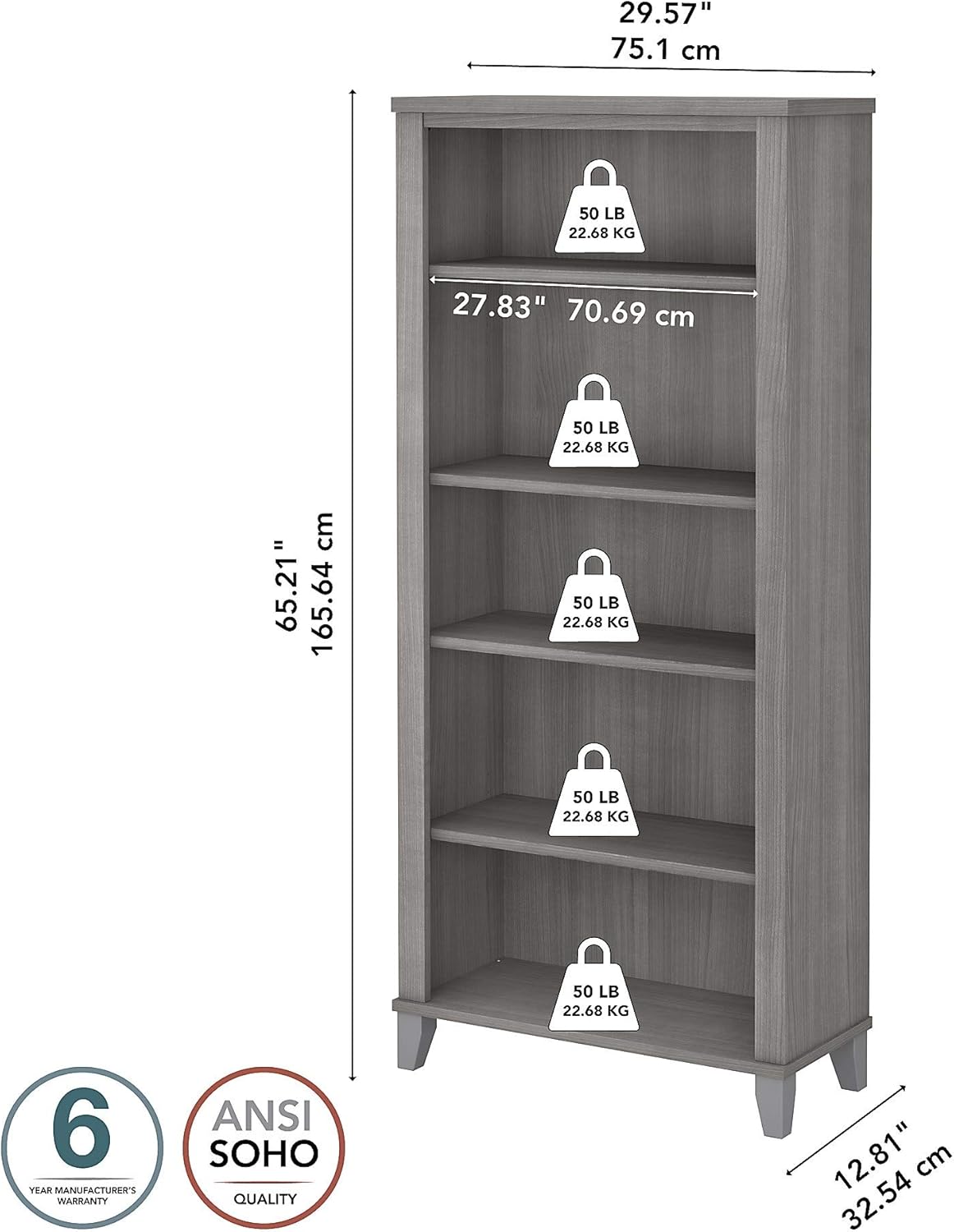 Platinum Gray 5 Shelf Bookcase U8816