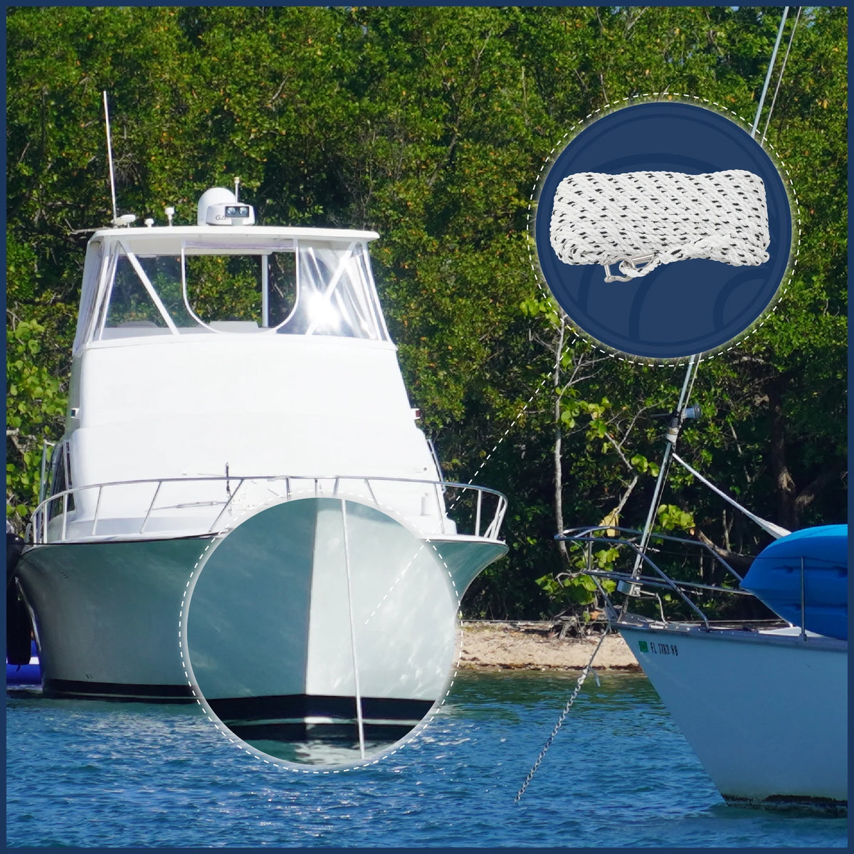 3/8 inch x 75 ft 3-Strand White Nylon Anchor Rope with Stainless Steel Thimble and Schakle C611468