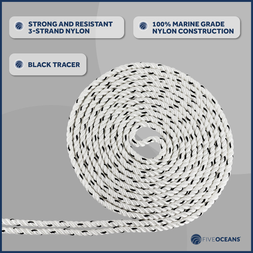 3/8 inch x 75 ft 3-Strand White Nylon Anchor Rope with Stainless Steel Thimble and Schakle C611468