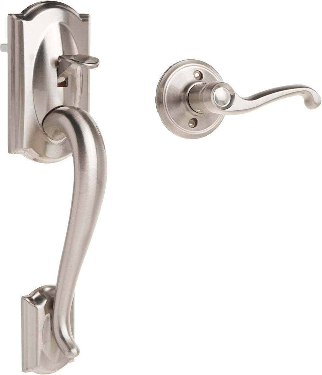 Satin Nickel Smart Deadbolt with Camelot Trim & Front Entry Handleset with Left Hand Lever J42540