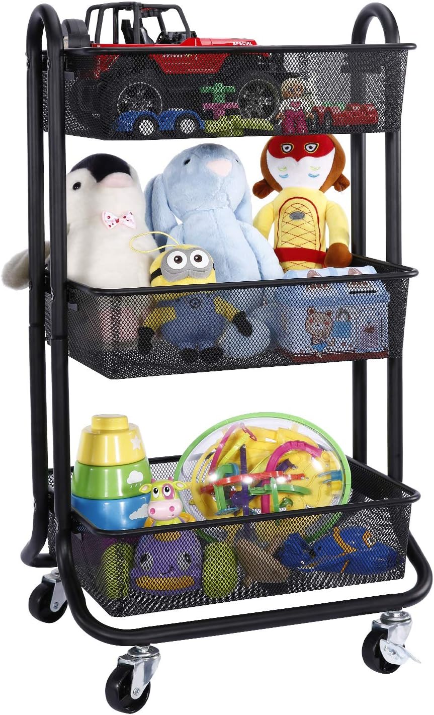 Black 3-Tier Rolling Utility Cart with Metal Mesh Baskets Z592