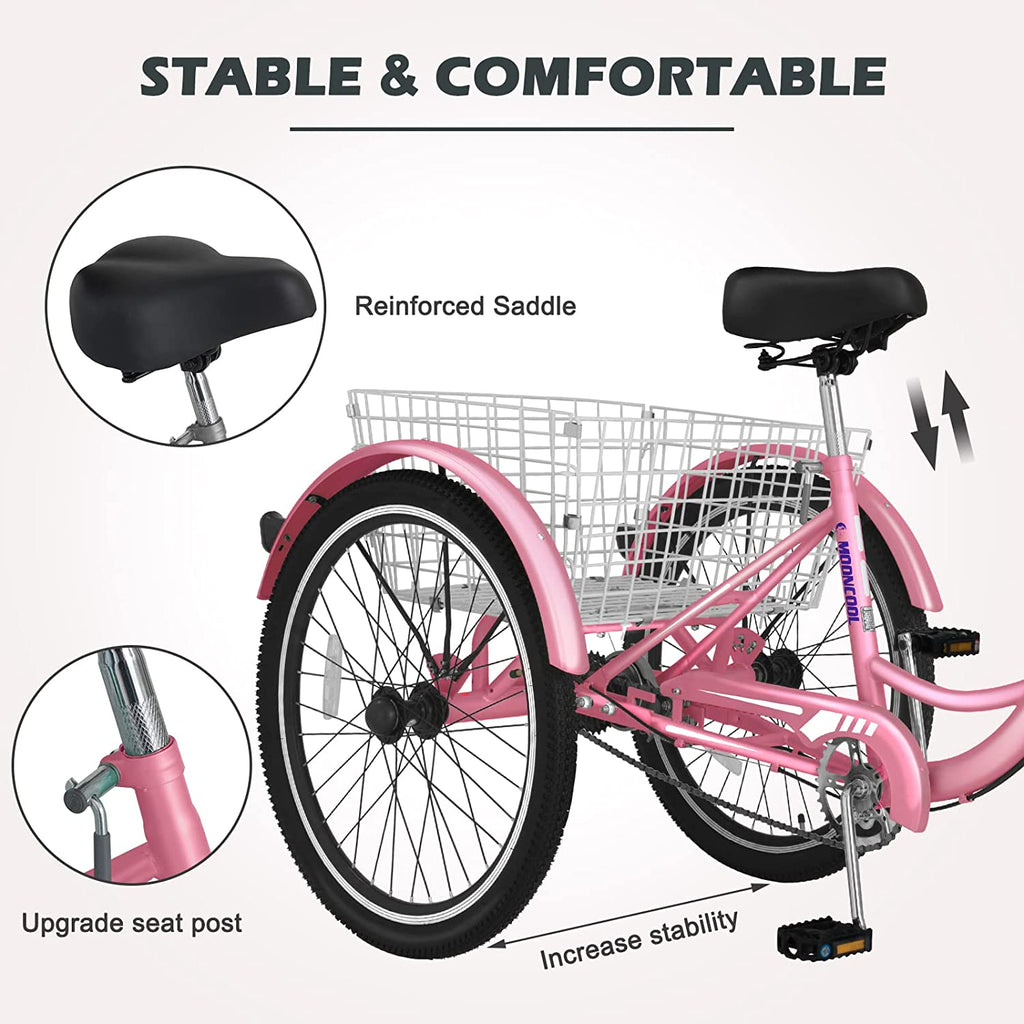 Adult Tricycle 24 inch 7 Speed 3 Wheel Bike with Large Size Basket Q772332