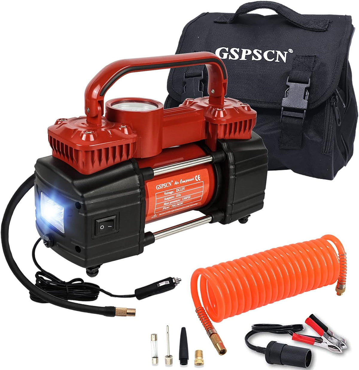 Silver Dual Cylinder 12V Portable Air Compressor Pump 150PSI with LED Work Lights Q99212