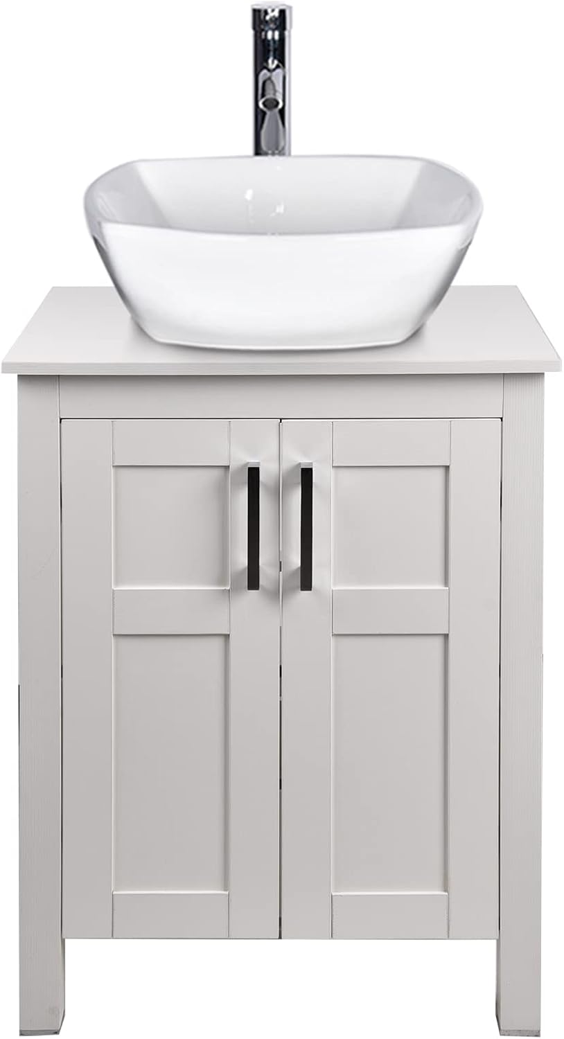 White 24 Inches Traditional Bathroom Vanity Set with Ocean Blue Glass Round Sink Top and 2-Door Cabinet P6170