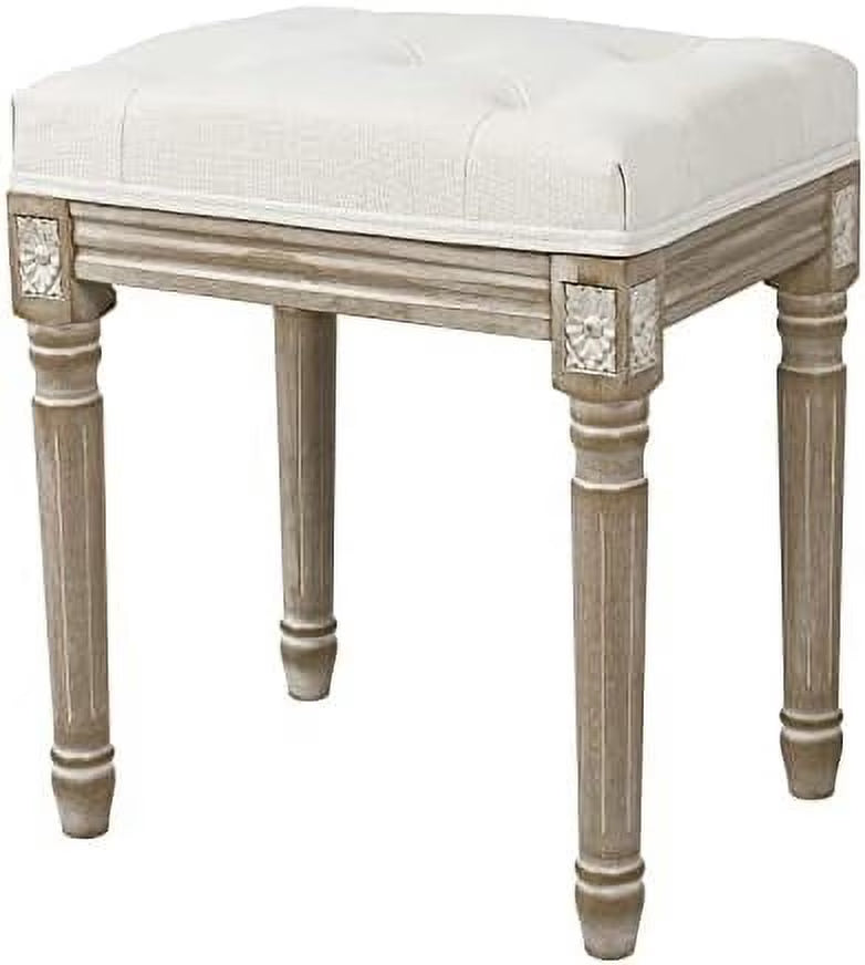 Vintage Upholstered Tufted Ottoman Stool with Linen Padding and Solid Wood Leg L8658