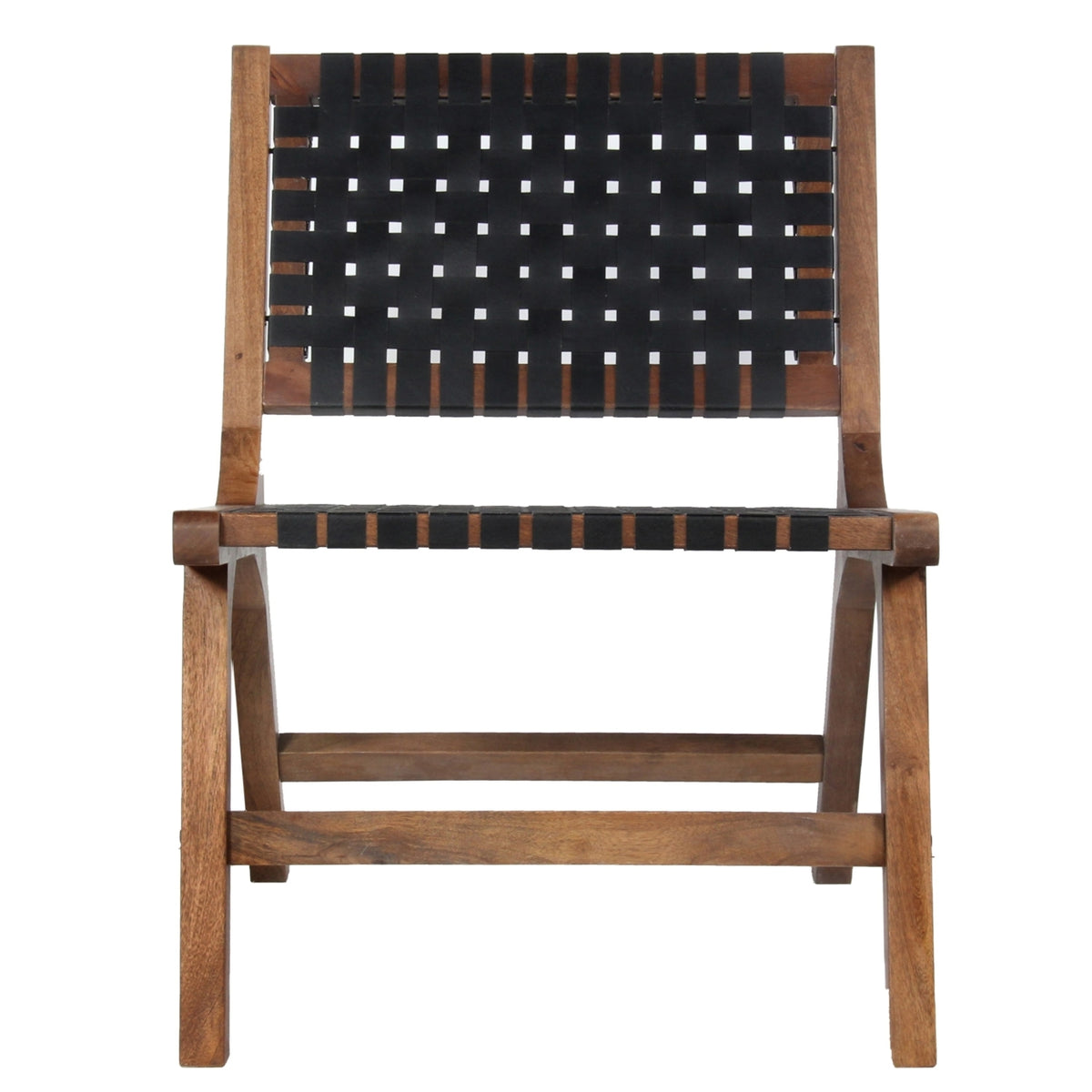 Walnut Brown Mango Wood Accent Chair with Woven Genuine Leather Seat L93738