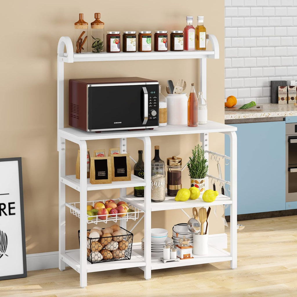 White Industrial Kitchen Cart with Wire Basket and 6 Hooks K694