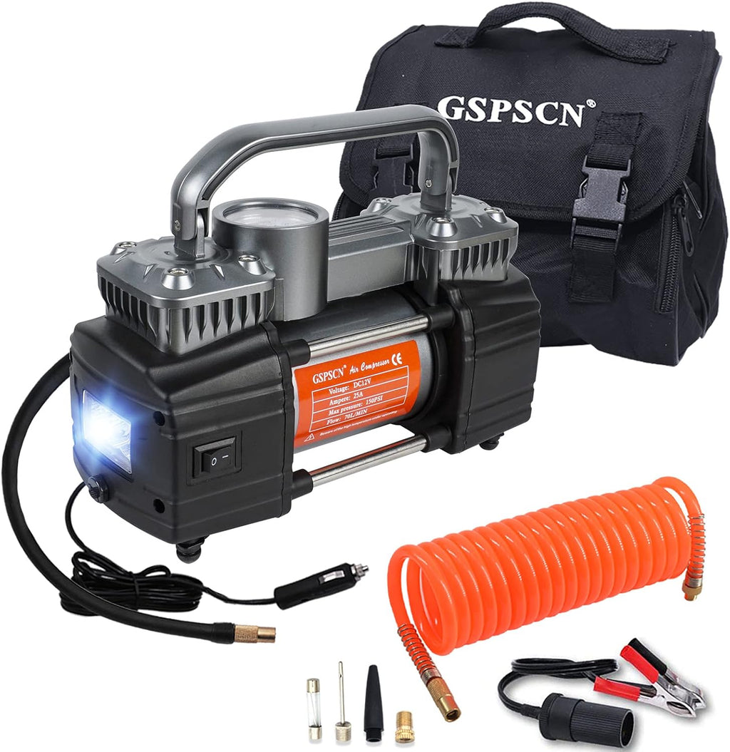 Silver Dual Cylinder 12V Portable Air Compressor Pump 150PSI with LED Work Lights Q99212