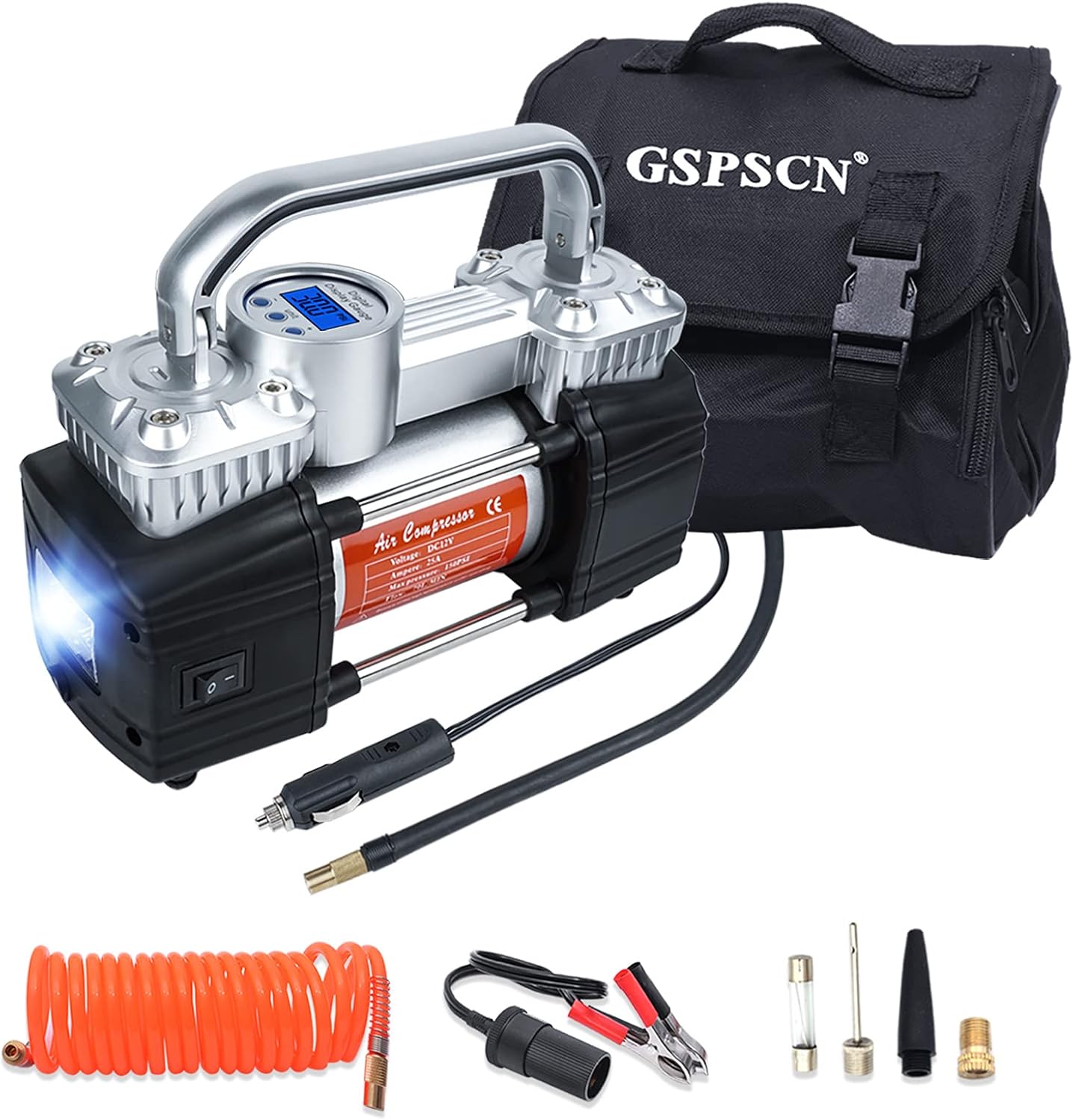 Portable Digital Car Tire Inflator 150Psi Auto Shut-Off Heavy Duty Double Cylinders 12V Air Compressor Pump with LED Light U5112