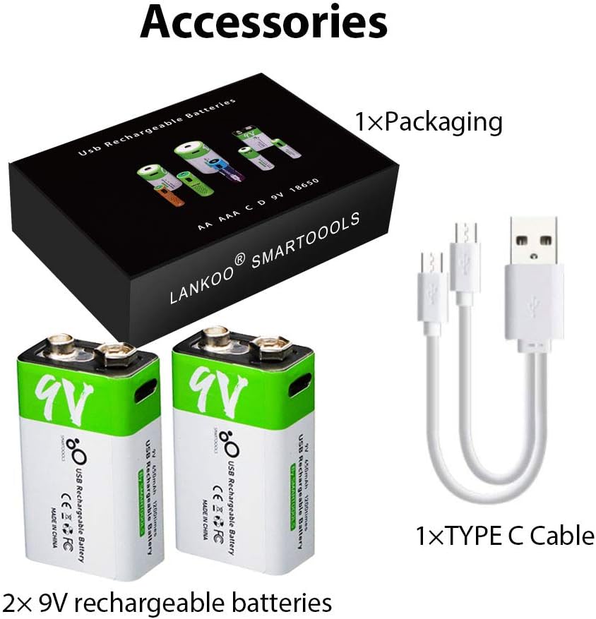 2-Pack 650mAh Rechargeable 9V Lithium Ion Battery with Type C Port V82736