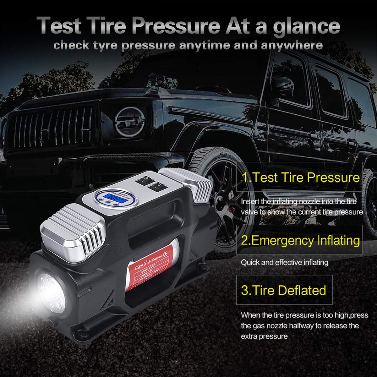 Portable Air Compressor Pump, Dual Cylinders Tire Inflator 12V, 150PSI with Digital Gauge, LED Light, Locking Air Chuck, Pack of 2 L967779