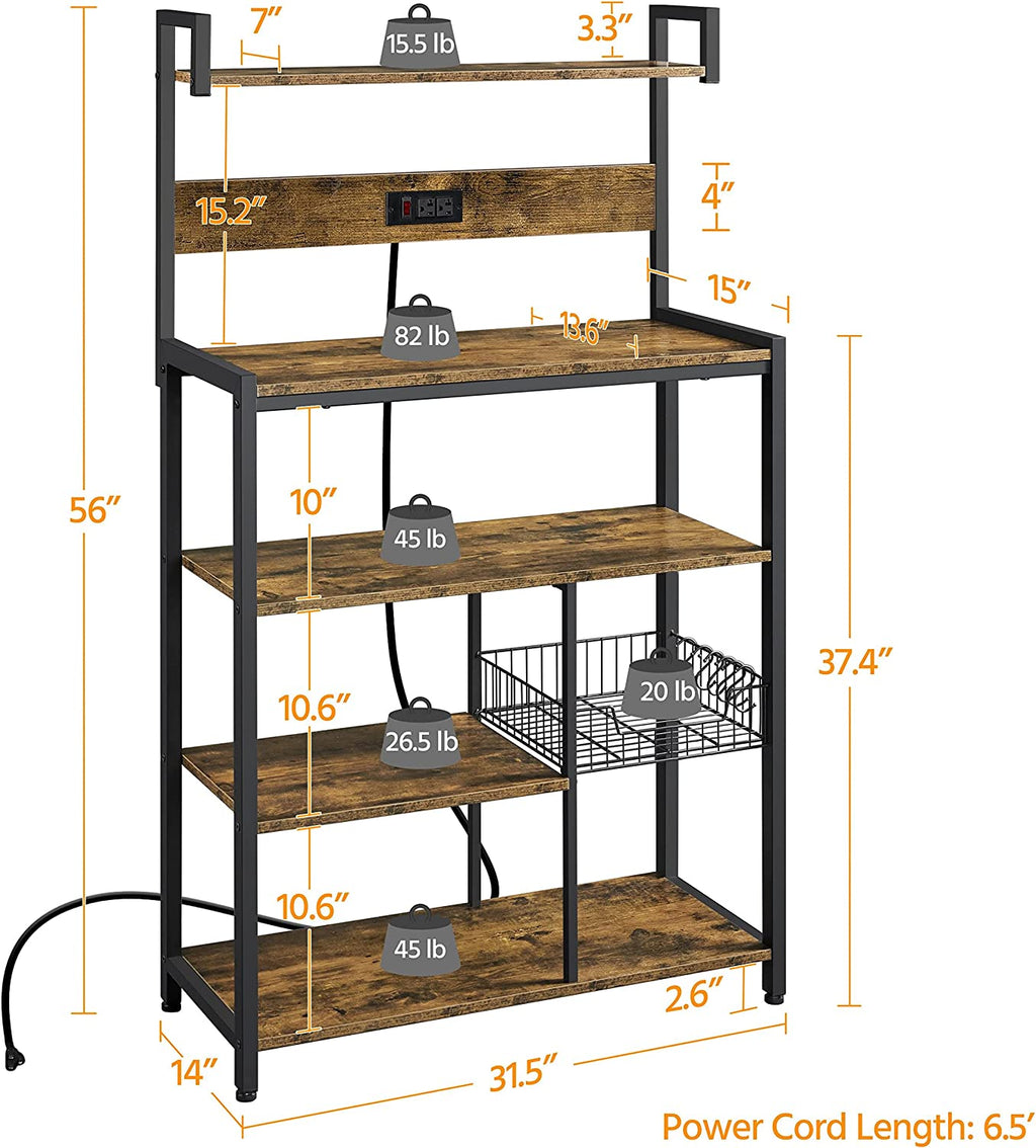Rustic Brown 5-Tier Bakers Rack with Power Outlet O74112