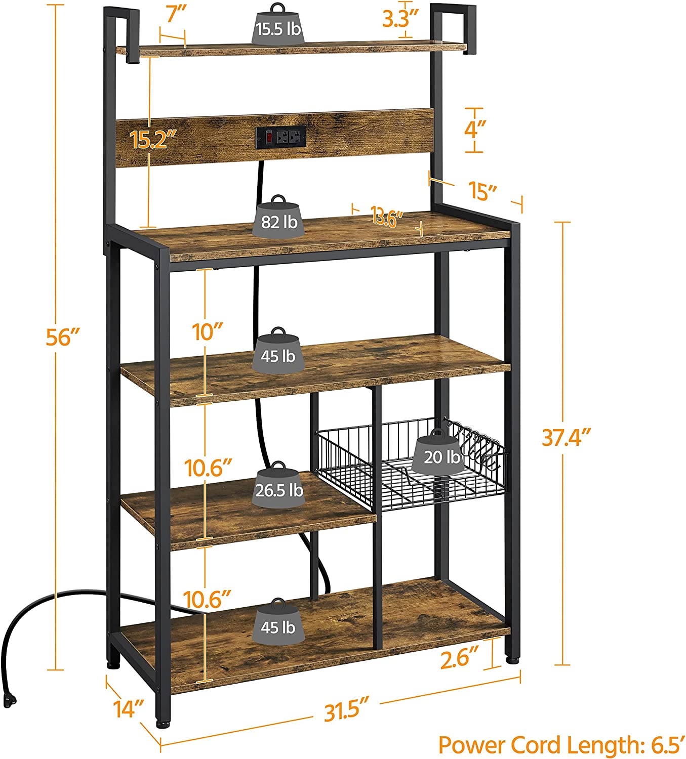 Rustic Brown 5-Tier Bakers Rack with Power Outlet O74112