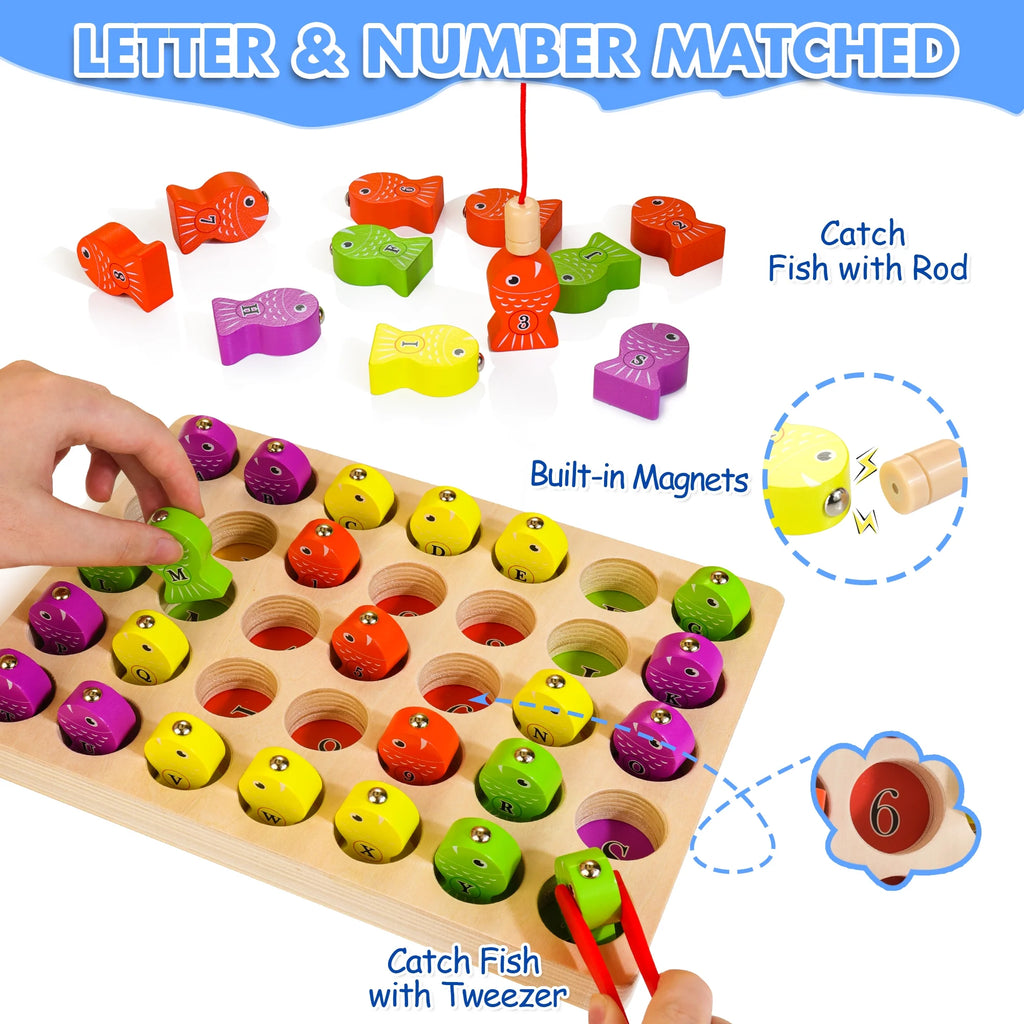 48 Pcs Wooden Magnetic Fishing Toy with 2 Rods 1 Tweezer 8 Activity Cards E8034