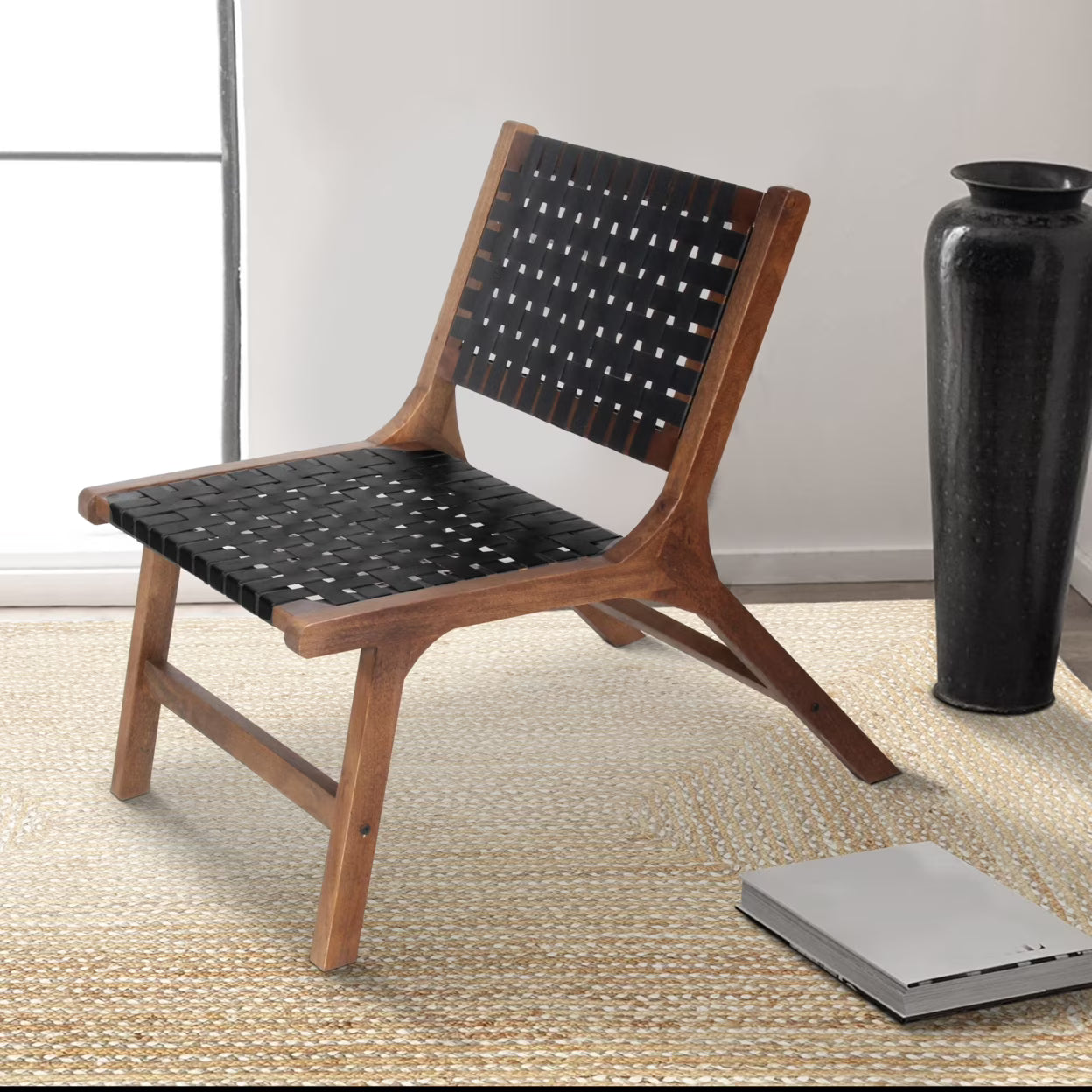 Walnut Brown Mango Wood Accent Chair with Woven Genuine Leather Seat L93738