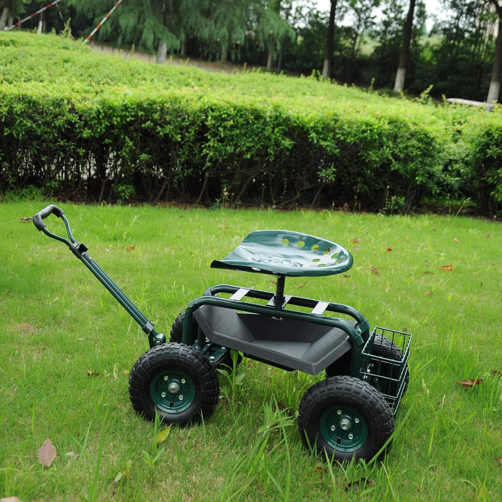 Green Steerable Garden Stool Cart with Tool Tray and Storage Basket on Wheels Y2011