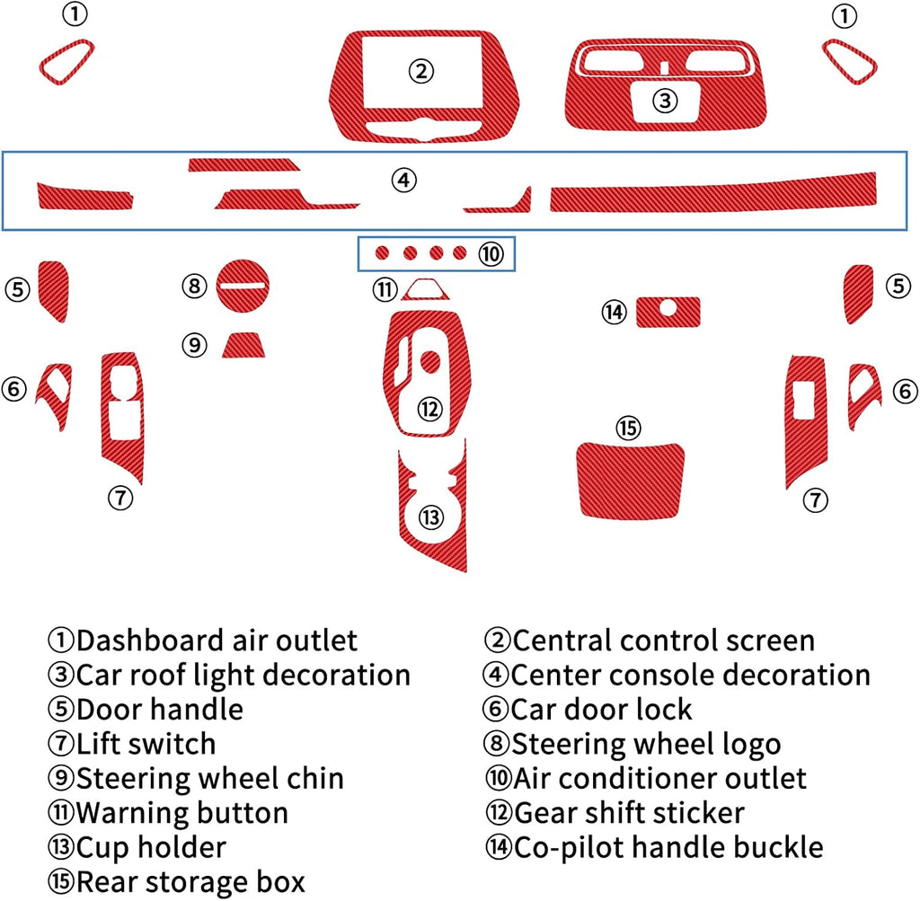 Red 28PCS Carbon Fiber Texture Vinyl Wrap Center Console Dashboard Cover Sticker H4555