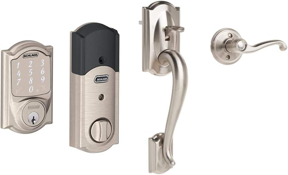 Satin Nickel Smart Deadbolt with Camelot Trim & Front Entry Handleset with Left Hand Lever J42540