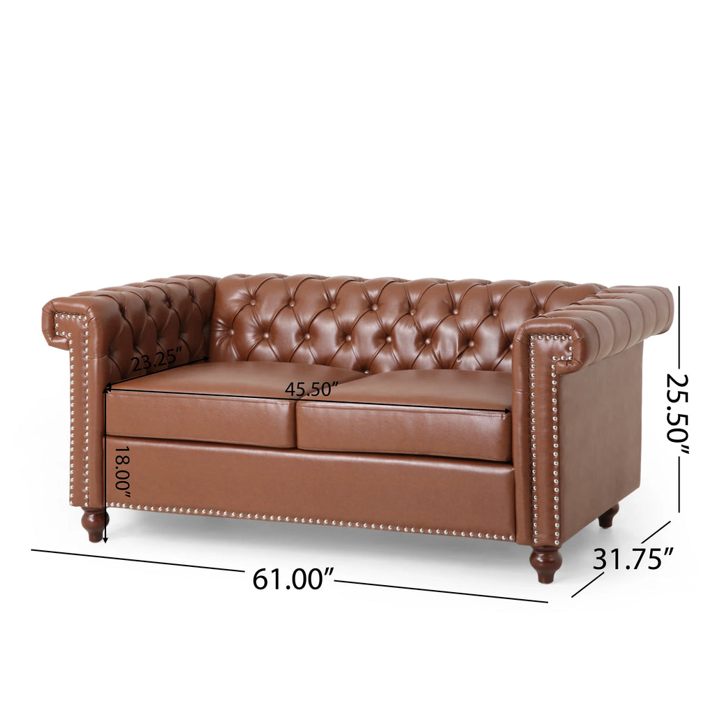 Cognac Brown Upholstered Button Tufted Loveseat with Nailhead Trim S8986