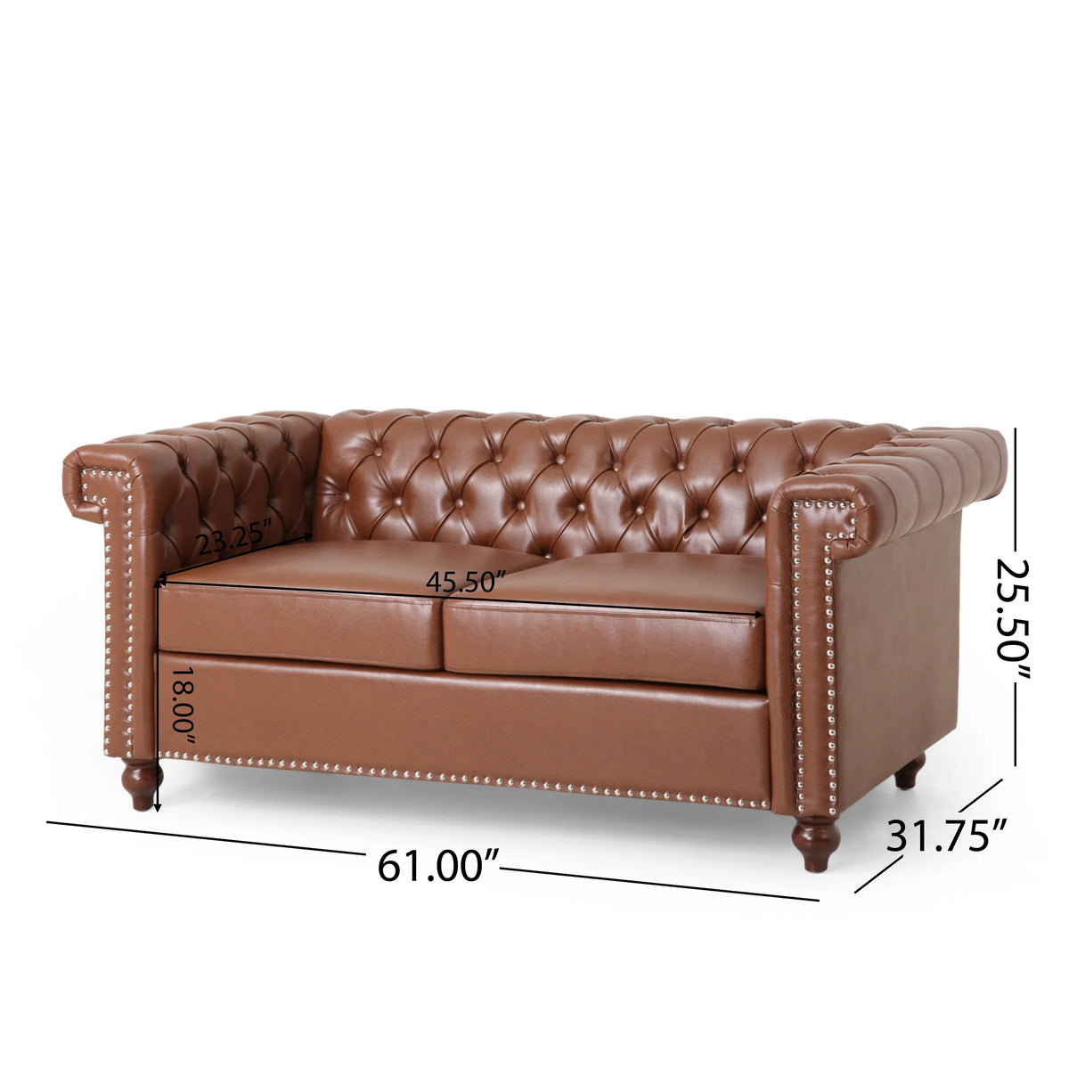 Cognac Brown Upholstered Button Tufted Loveseat with Nailhead Trim S8986