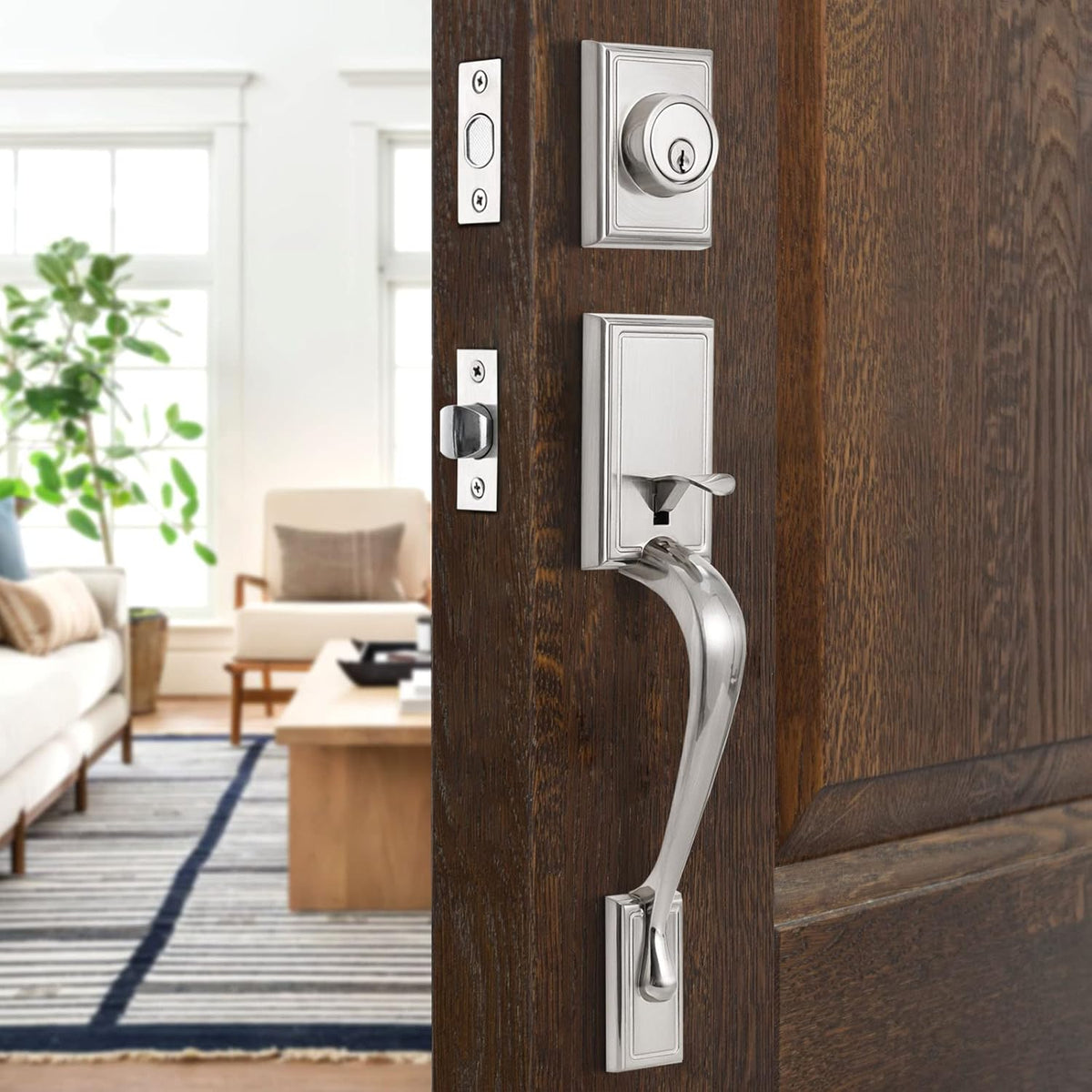 Satin Nickel Double Door Handleset with Dummy Heavy Duty Front Door Lock Set O61257