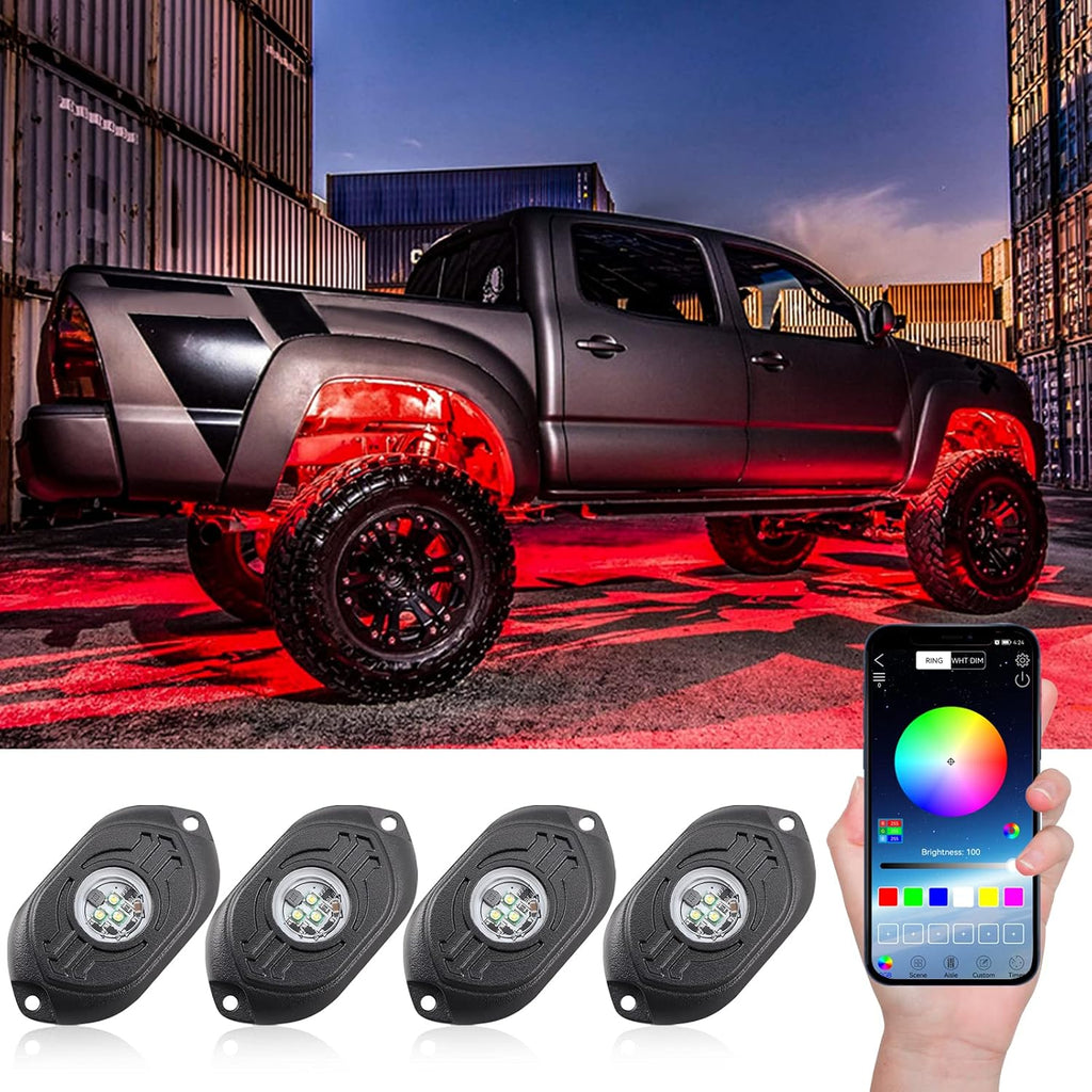 RGB LED Rock Lights 4 Pods Car Neon Underglow Kit Wheel Well Light Multicolor Waterproof Pack of 2 T84414