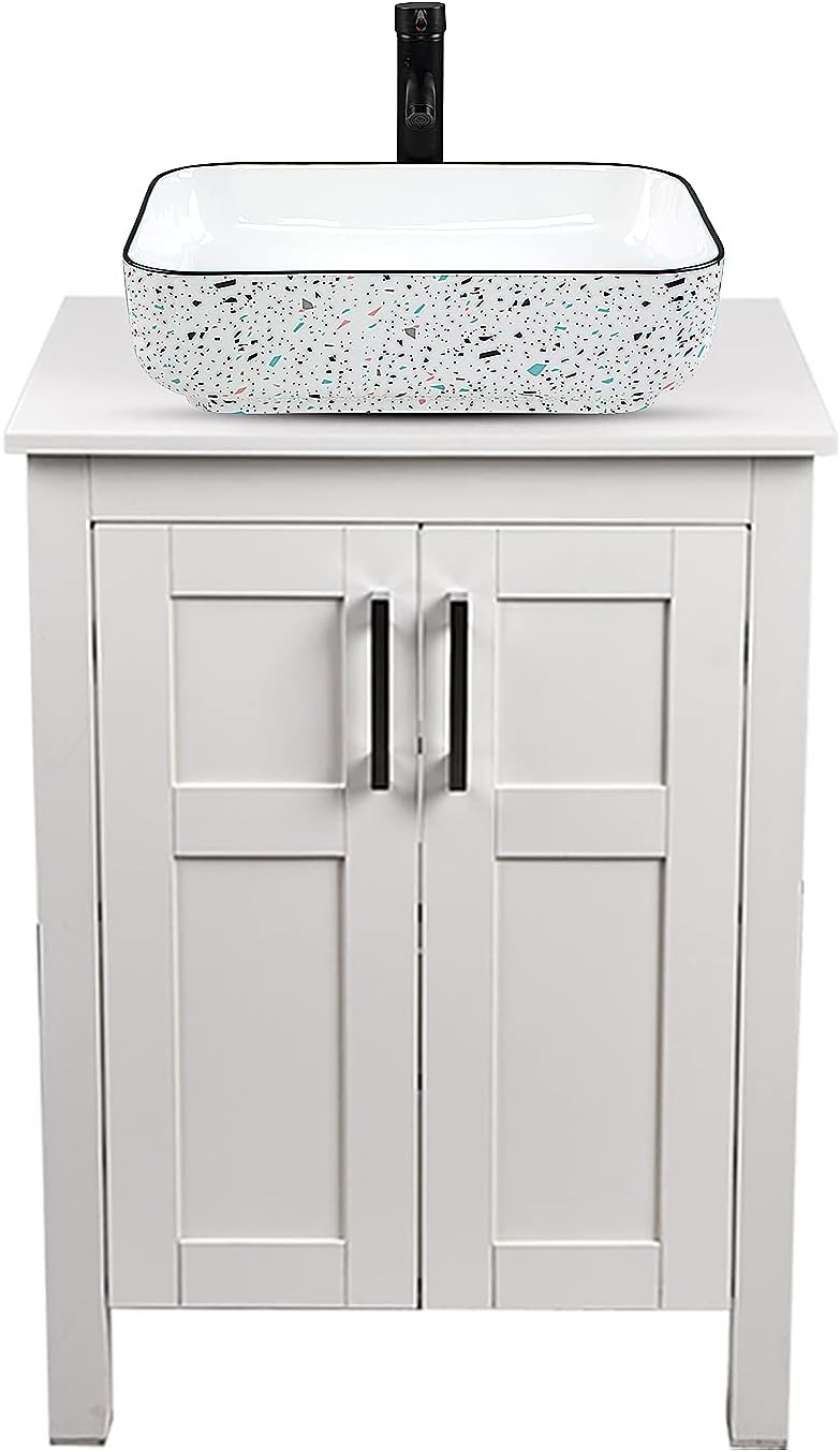 White 24 Inches Traditional Bathroom Vanity Set with Ocean Blue Glass Round Sink Top and 2-Door Cabinet P6170