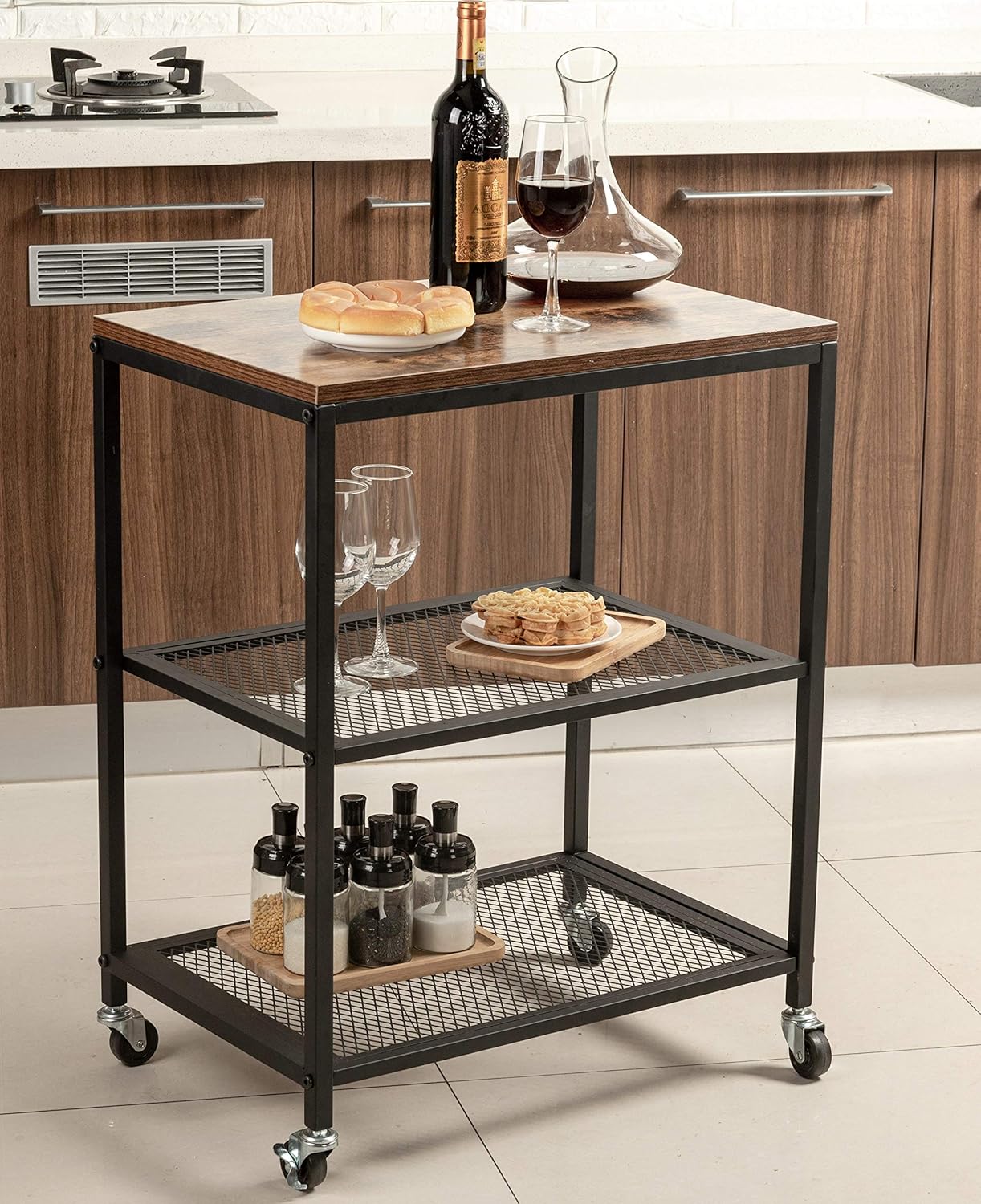 Walnut Wood Metal Bar Serving Cart E20394