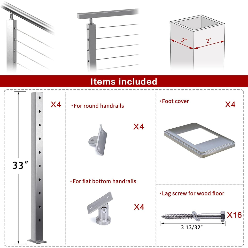 4pack Stainless Steel Brushed Cable Railing Post W2100