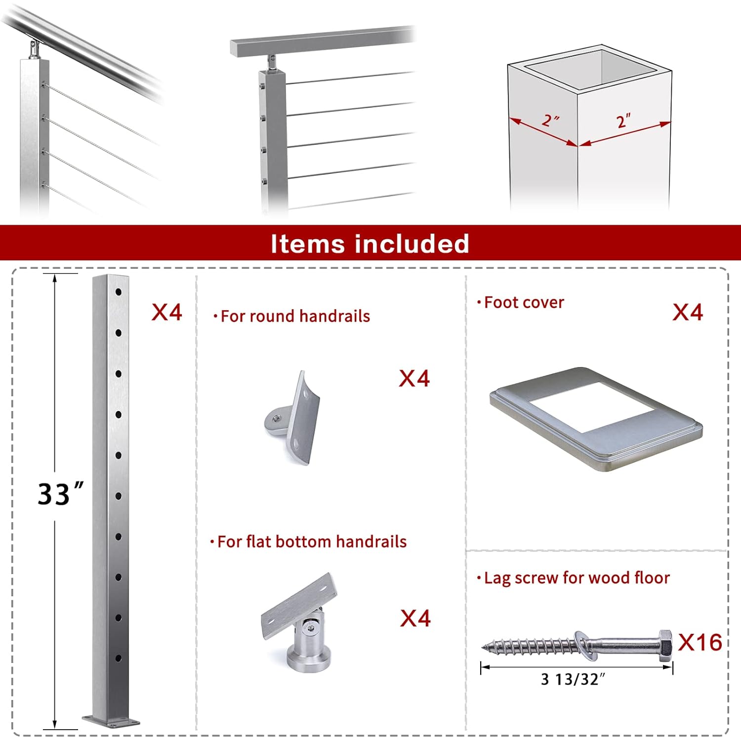 4pack Stainless Steel Brushed Cable Railing Post W2100