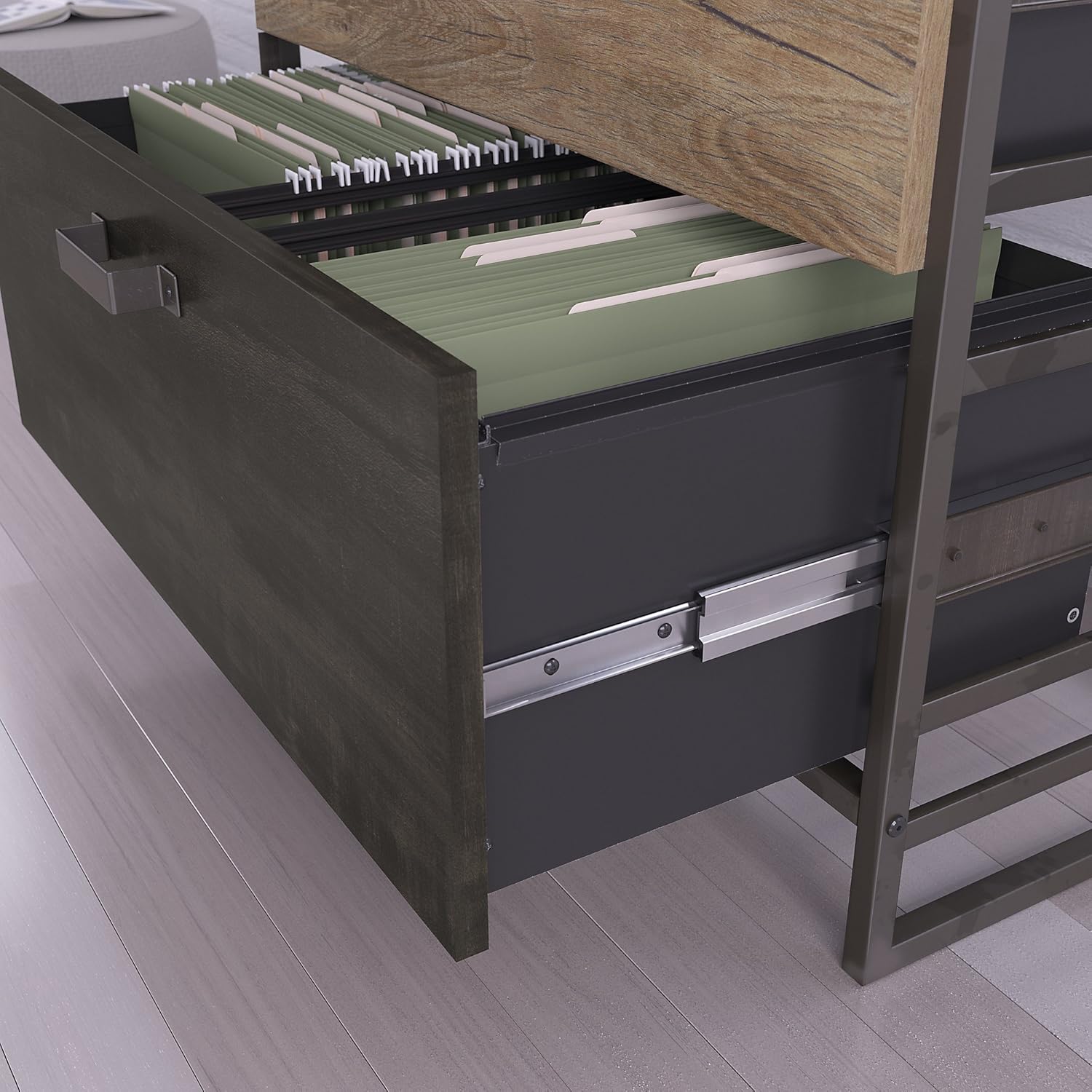 Rustic Gray L Shaped Industrial Desk with File Cabinets P16344