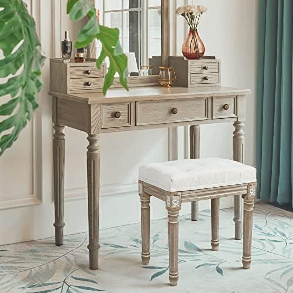 Vintage Upholstered Tufted Ottoman Stool with Linen Padding and Solid Wood Leg L8658