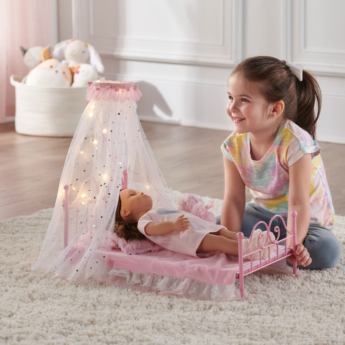 Pink Metal Doll Bed with Canopy and Bedding B73746