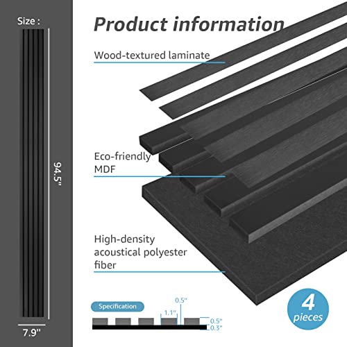 4-Piece Wood Slat Acoustic Panels, Matte Black X421