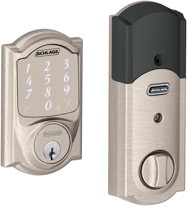 Satin Nickel Smart Deadbolt with Camelot Trim & Front Entry Handleset with Left Hand Lever J42540