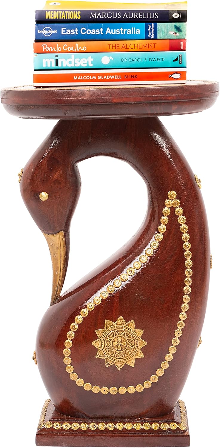 Hand Carved Wooden Elephant Side Table with Brass Accents H3906