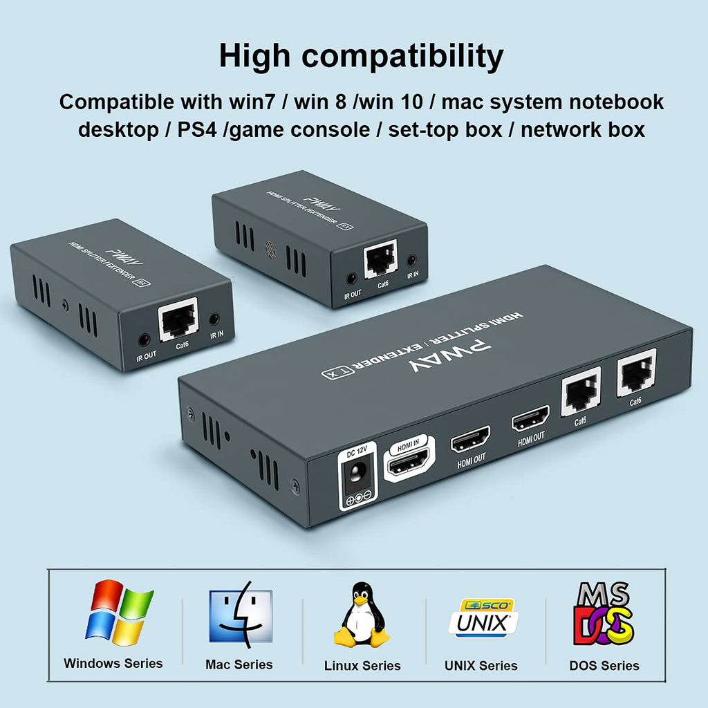 HDMI Extender Splitter 1x2 1080p Over Cat5e/Cat6/Cat7 Ethernet Cable with 2 HDMI Loop Out Y5406