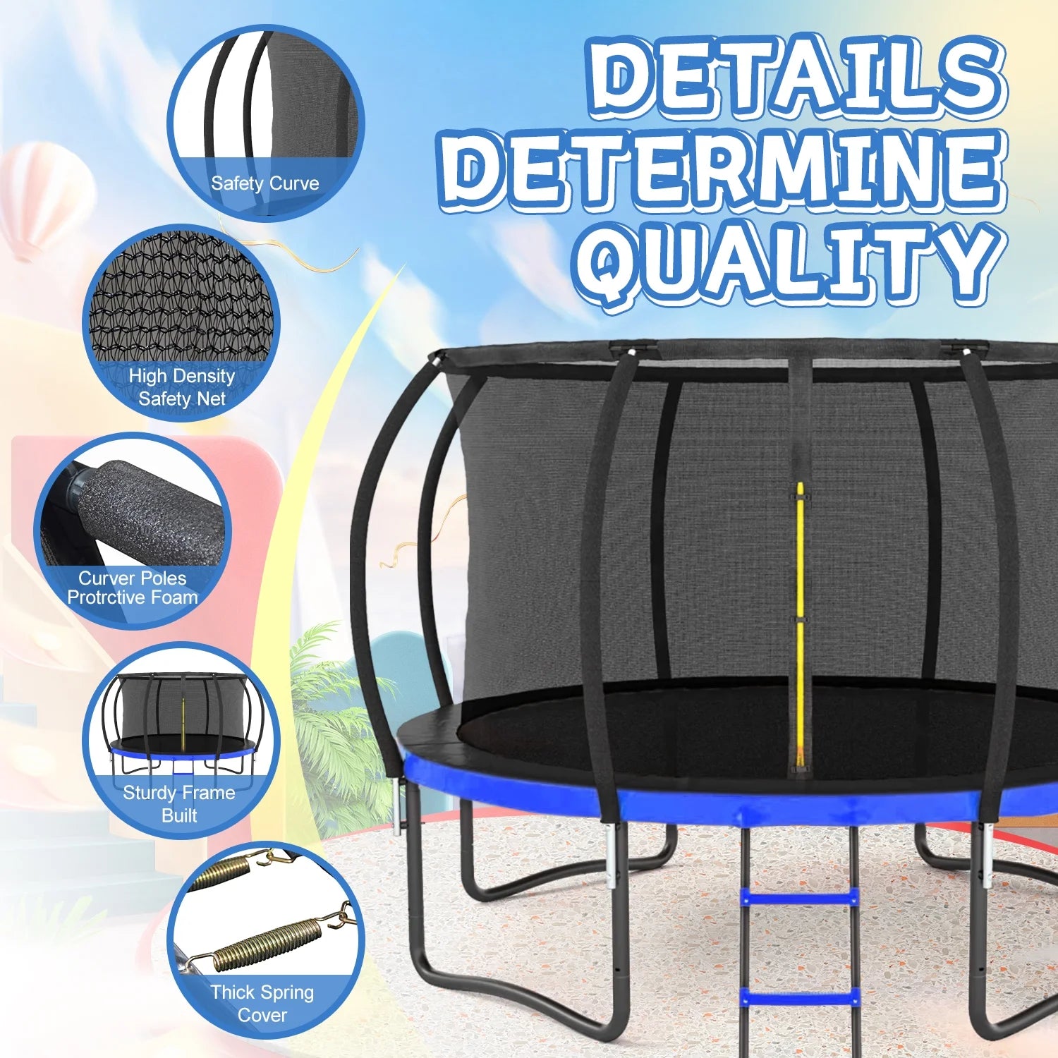 12FT 14FT Trampoline with Safety Enclosure Net, Heavy Duty Jumping Mat Spring Cover Padding A8356