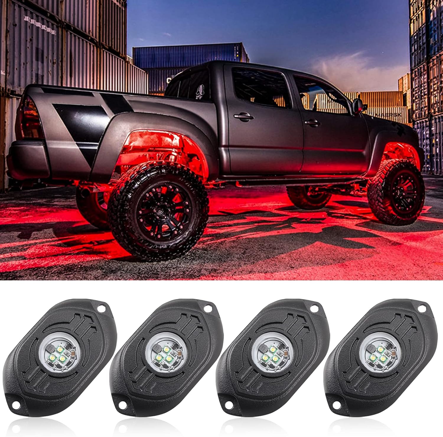 RGB LED Rock Lights 4 Pods Car Neon Underglow Kit Wheel Well Light Multicolor Waterproof Pack of 2 T84414