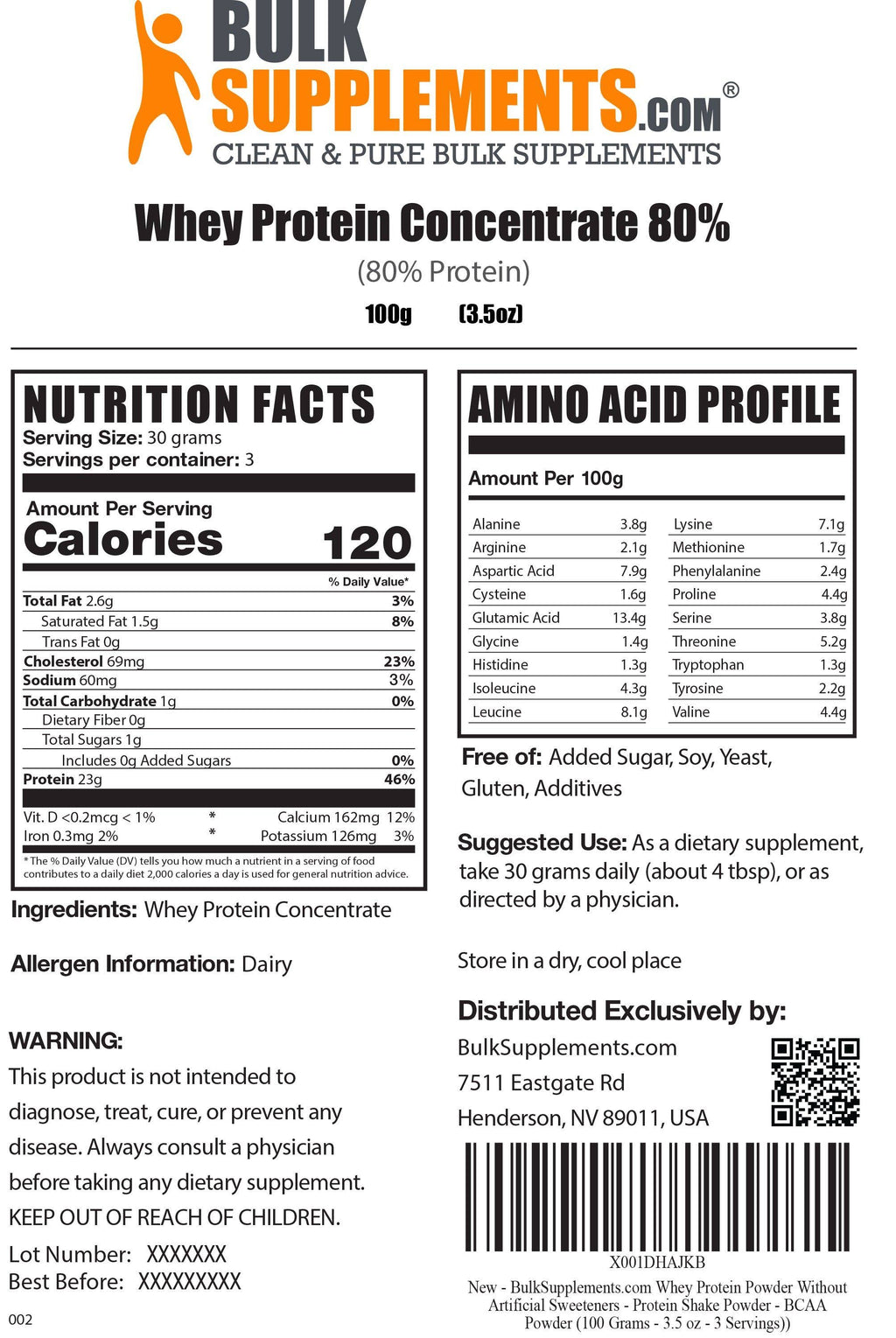 Whey Protein Concentrate 80% Powder, 20kg B641790