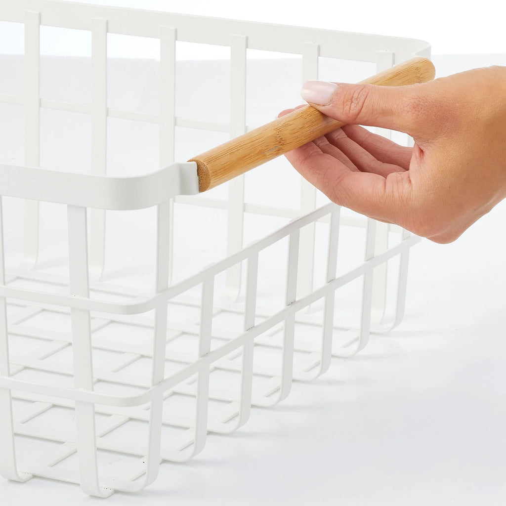 Matte White/Natural Metal Wire Organizer Basket with Bamboo Handles, 2 Pack G732
