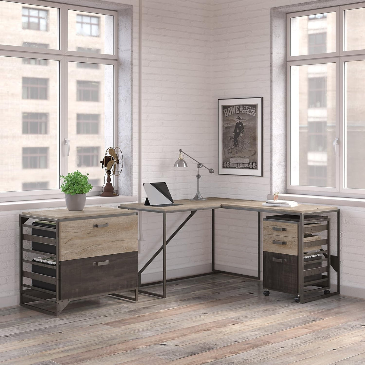 Rustic Gray L Shaped Industrial Desk with File Cabinets P16344
